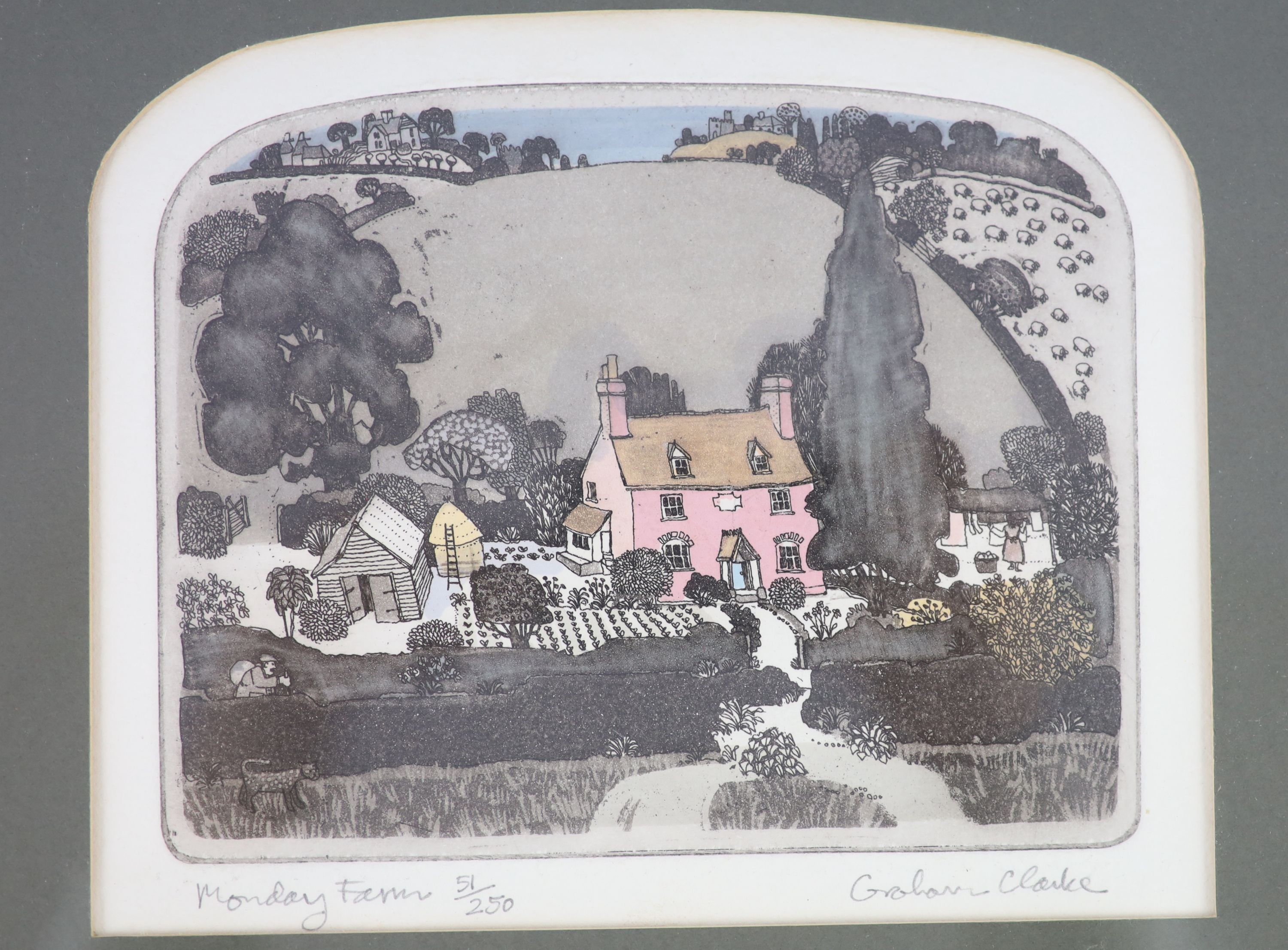 Graham Clarke. Monday Farm. Hand-coloured etching with aquatint. 13.5 x 17cm. Mounted, framed and glazed. Titled, signed, and numbered in pencil by the artist below the image. Number 51 0f 250.